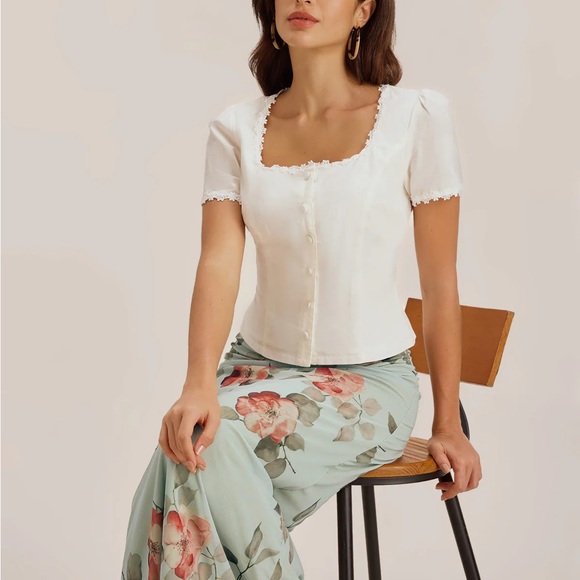 Rihoas White Square Neck Button Lace Blouse - Picture 3 of 9